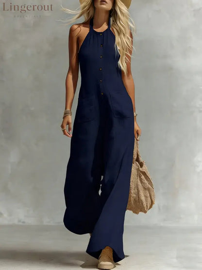 Breezy Halter Wide-Leg Jumpsuit - Navy blue / S