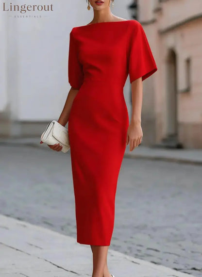 Briar Midi Dress with Bateau Neckline & Tailored Fit - Red / S