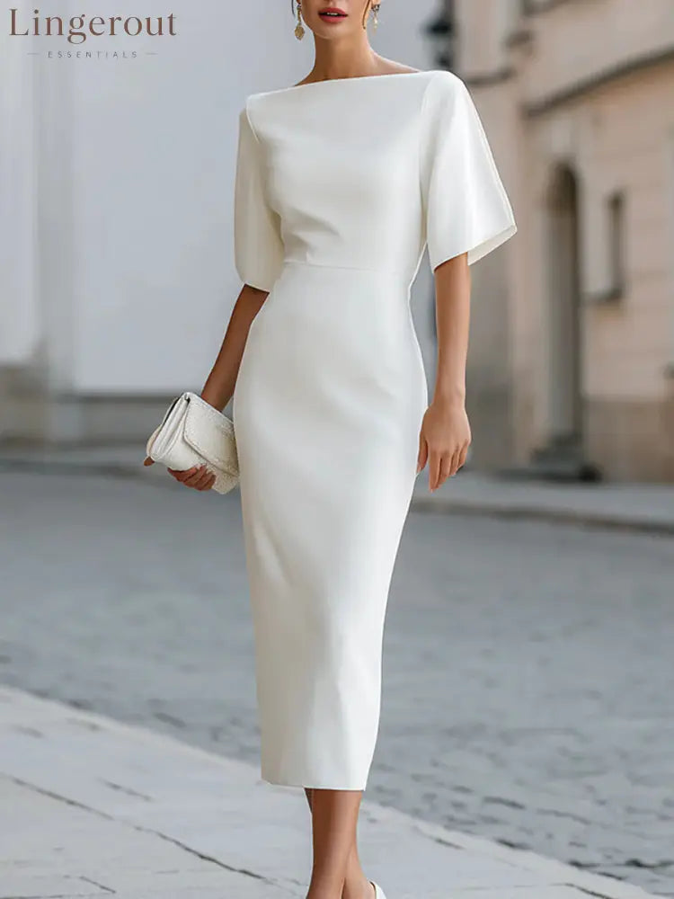 Briar Midi Dress with Bateau Neckline & Tailored Fit - White / S