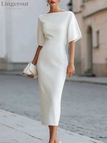 Briar Midi Dress with Bateau Neckline & Tailored Fit - White / S