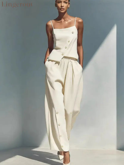 Bright Blue Linen‑Blend Cami Top & Wide‑Leg Pants Two‑Piece Set