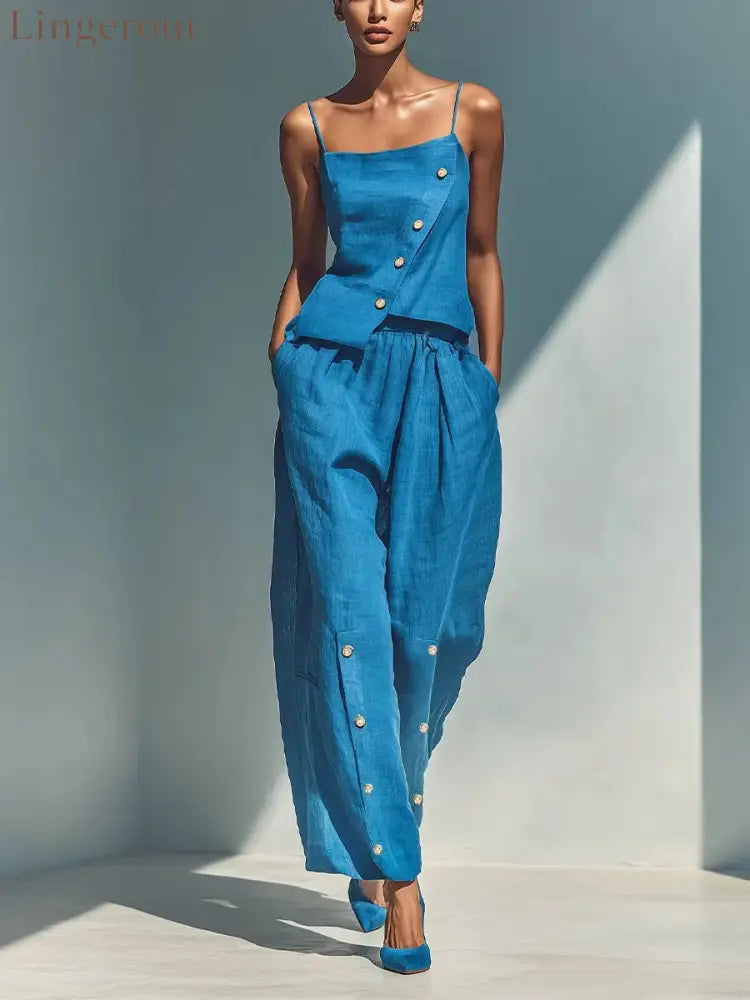 Bright Blue Linen‑Blend Cami Top & Wide‑Leg Pants Two‑Piece Set