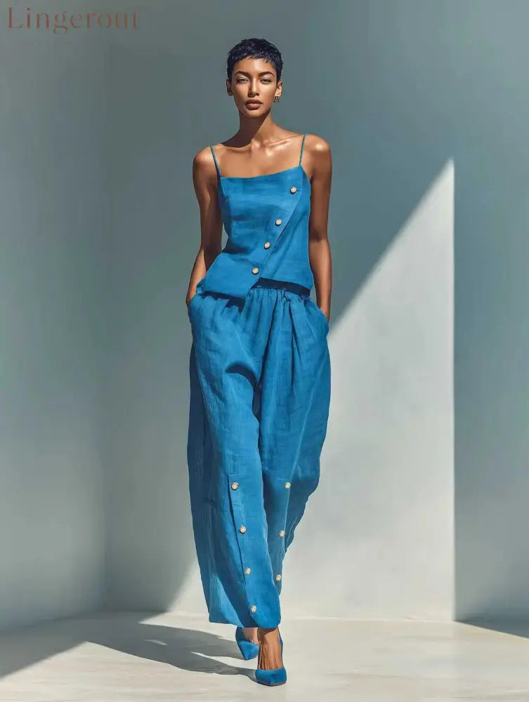 Bright Blue Linen‑Blend Cami Top & Wide‑Leg Pants Two‑Piece Set