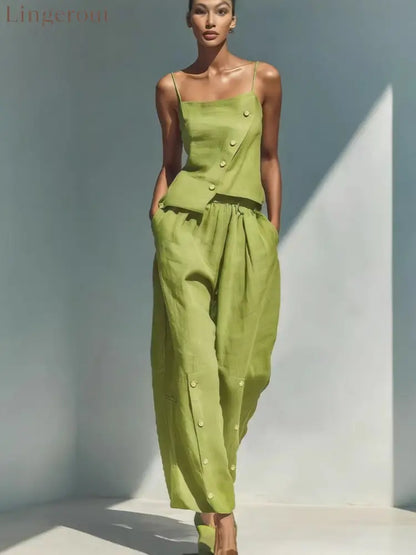 Bright Blue Linen‑Blend Cami Top & Wide‑Leg Pants Two‑Piece Set