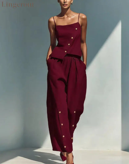 Bright Blue Linen‑Blend Cami Top & Wide‑Leg Pants Two‑Piece Set - Crimson / S