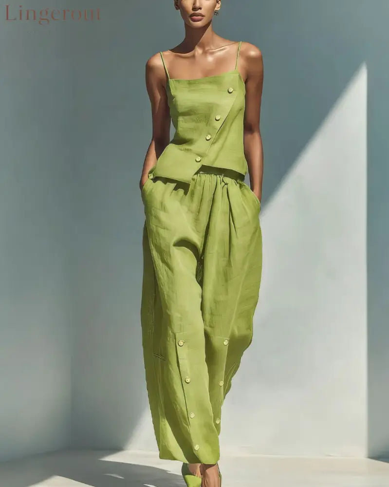 Bright Blue Linen‑Blend Cami Top & Wide‑Leg Pants Two‑Piece Set - Matcha color / S
