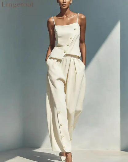 Bright Blue Linen‑Blend Cami Top & Wide‑Leg Pants Two‑Piece Set - Milky white / S
