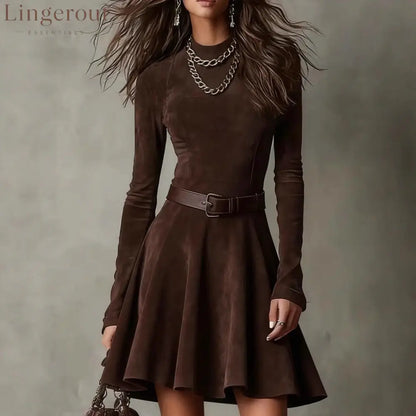 Brown Suede Long-Sleeve Mini Dress