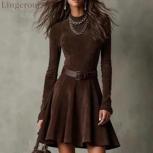Brown Suede Long-Sleeve Mini Dress