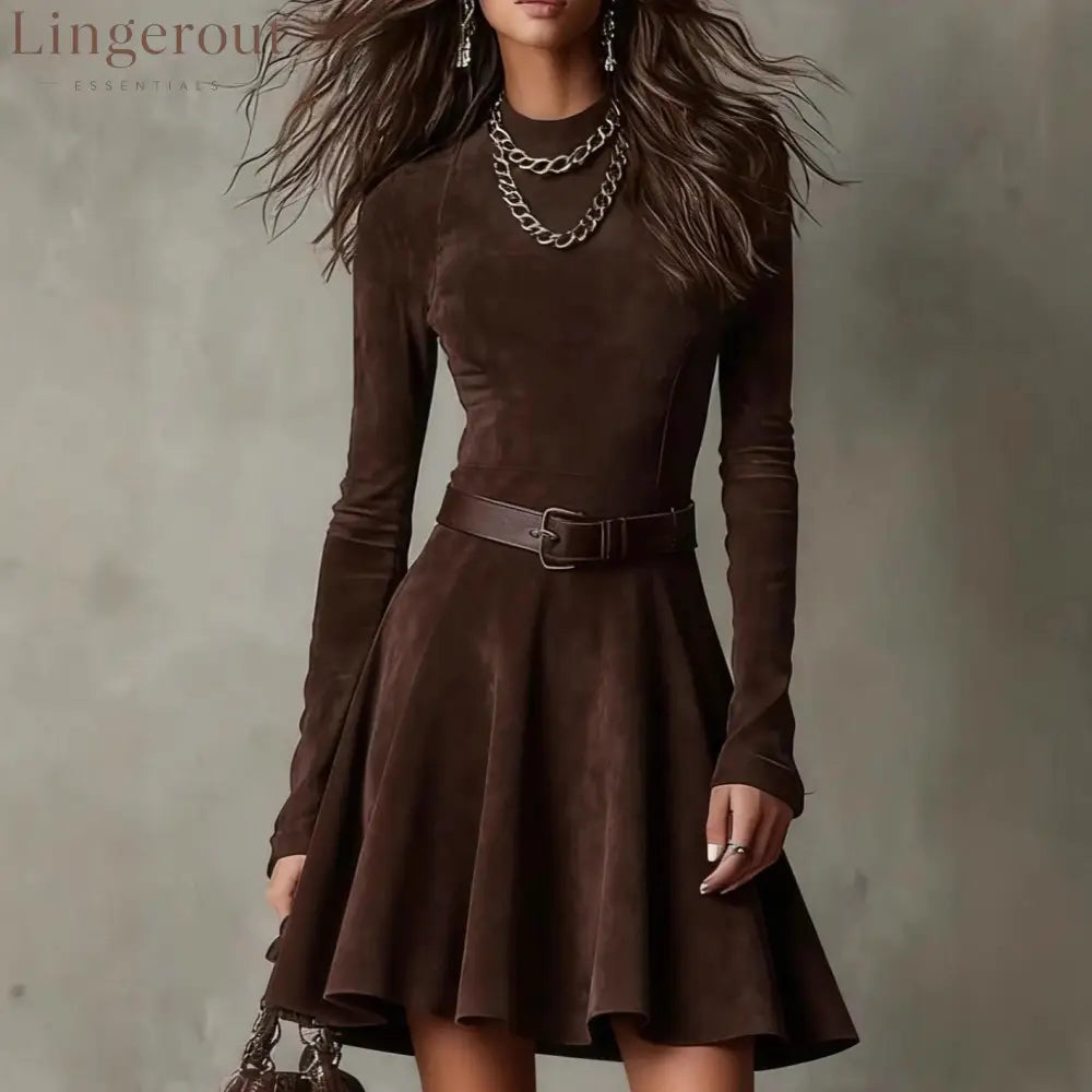 Brown Suede Long-Sleeve Mini Dress