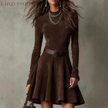 Brown Suede Long-Sleeve Mini Dress