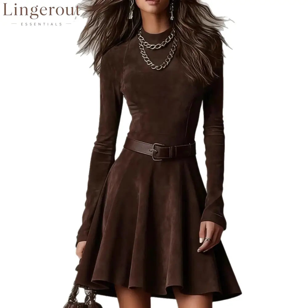 Brown Suede Long-Sleeve Mini Dress