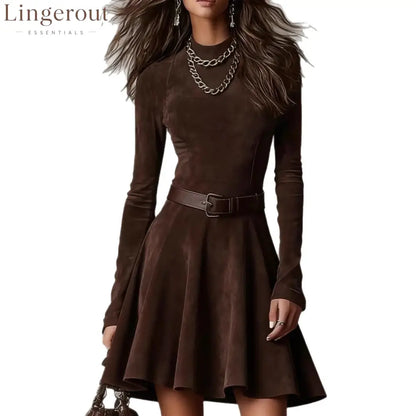 Brown Suede Long-Sleeve Mini Dress
