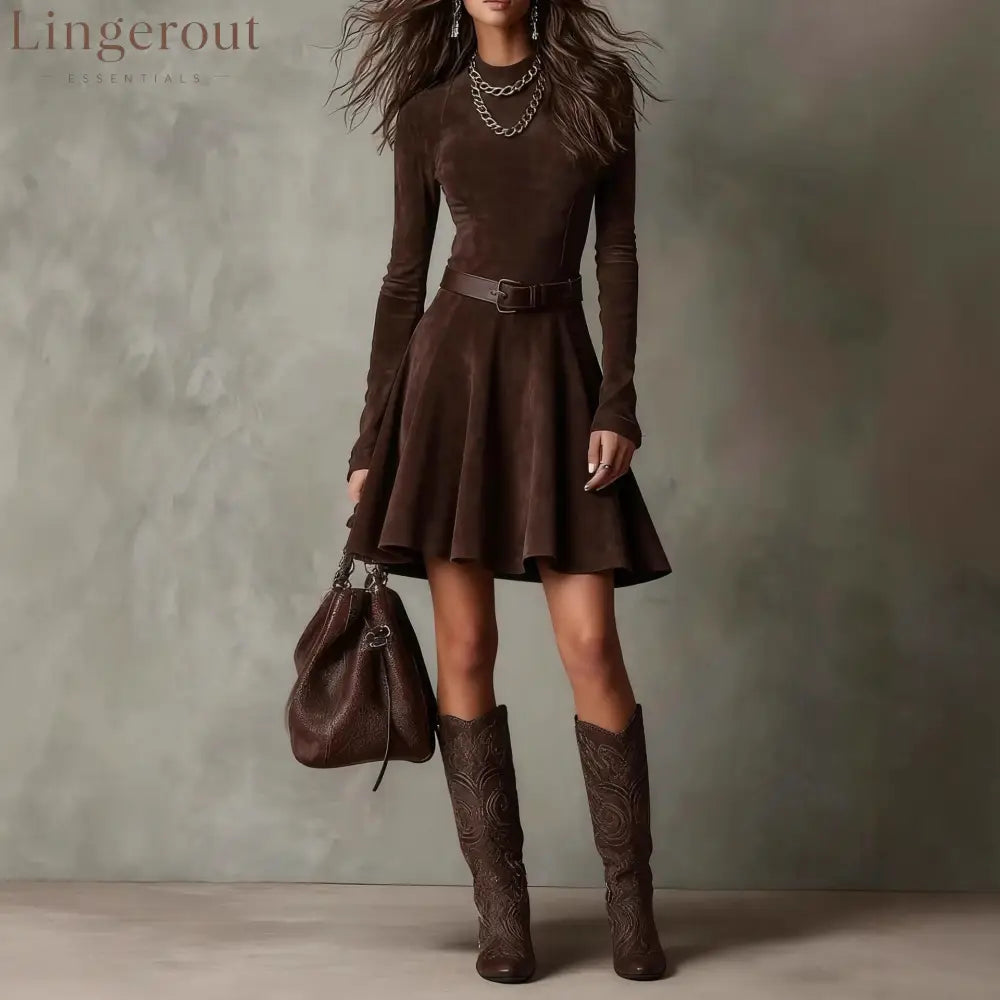 Brown Suede Long-Sleeve Mini Dress