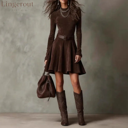 Brown Suede Long-Sleeve Mini Dress