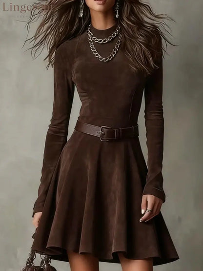 Brown Suede Long-Sleeve Mini Dress - Brown / XXL