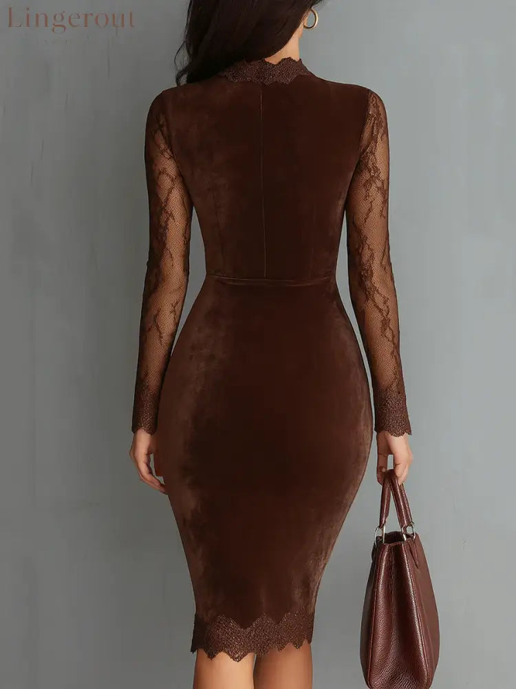 Brown Vintage Keyhole Neckline Lace Sleeve Velvet Mini Dress