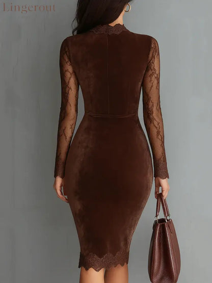 Brown Vintage Keyhole Neckline Lace Sleeve Velvet Mini Dress
