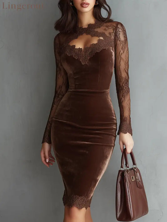 Brown Vintage Keyhole Neckline Lace Sleeve Velvet Mini Dress - Brown / XS