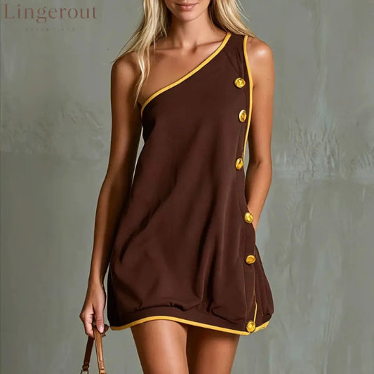 Brown Yellow Piping One Shoulder Button Side Loose Mini Dress - Dark brown / S