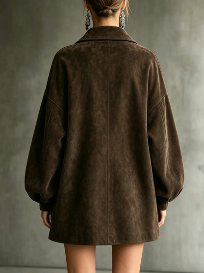 margot oversized faux suede jacket dress in chocolate brown - back view