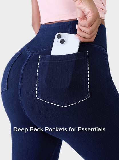 Crossover Denim Side Pockets Flare Leggings Petite