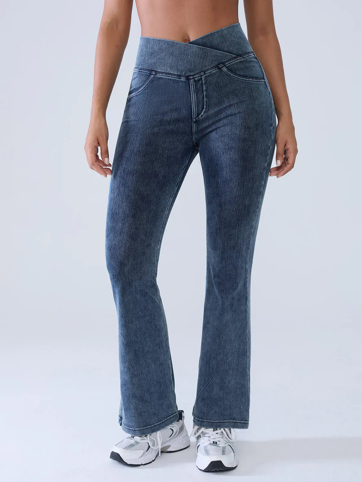 Crossover Denim Side Pockets Flare Leggings Petite