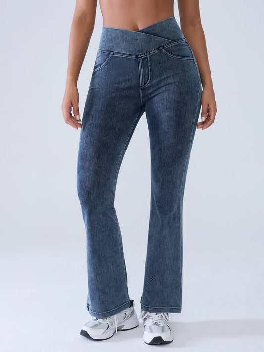 Crossover Denim Side Pockets Flare Leggings Petite