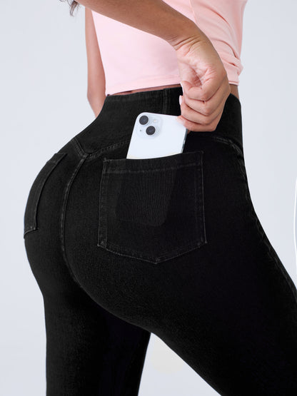 Crossover Denim Side Pockets Flare Leggings Petite