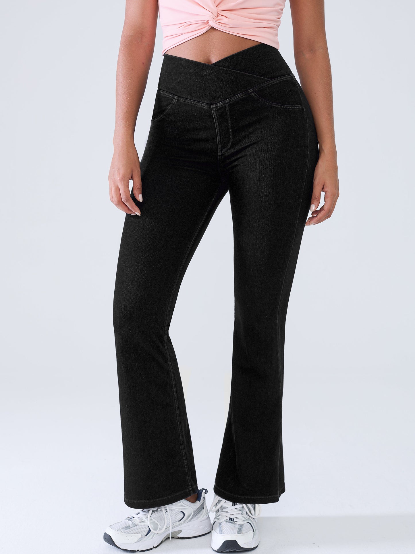 Crossover Denim Side Pockets Flare Leggings Petite