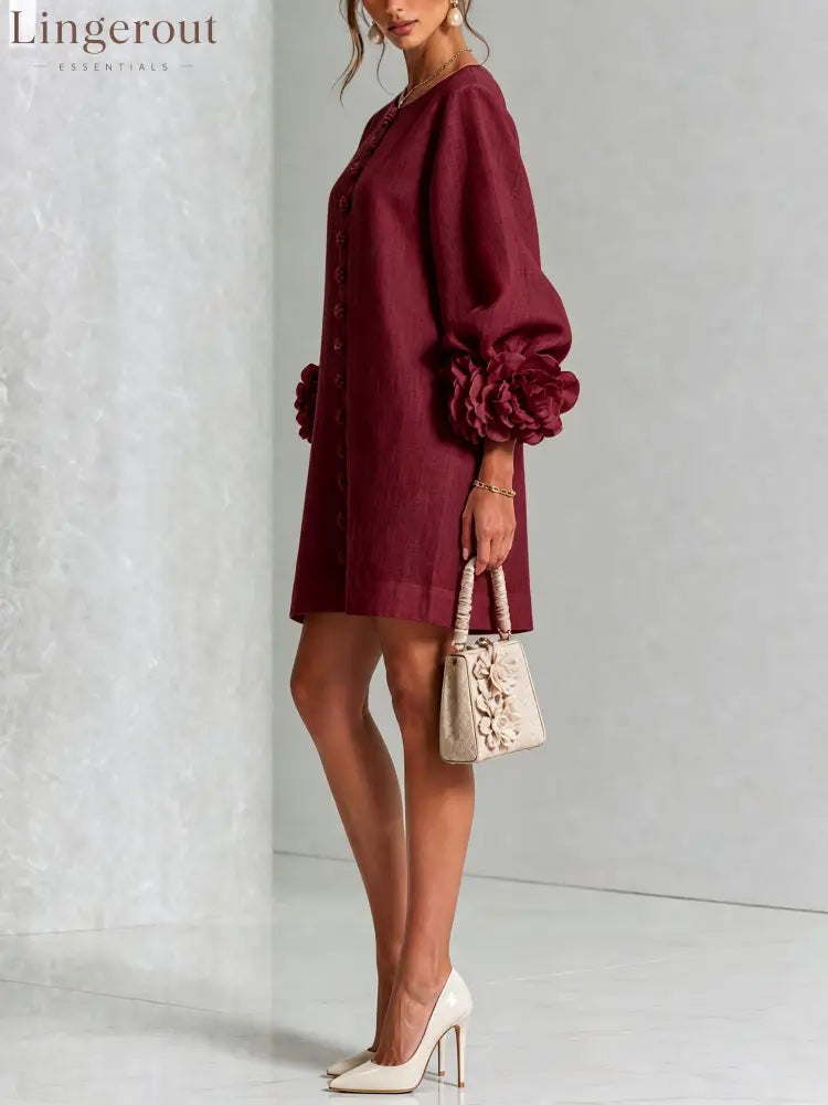 Burgundy Floral Button-down Mini Dress With Striking Floral Cuffs