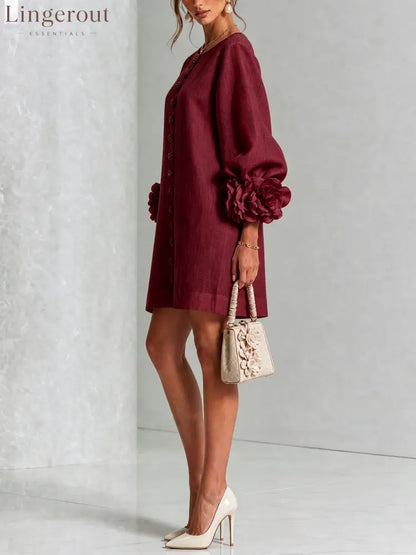 Burgundy Floral Button-down Mini Dress With Striking Floral Cuffs