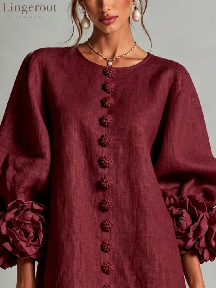 Burgundy Floral Button-down Mini Dress With Striking Floral Cuffs