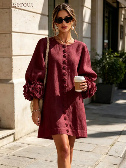 Burgundy Floral Button-down Mini Dress With Striking Floral Cuffs