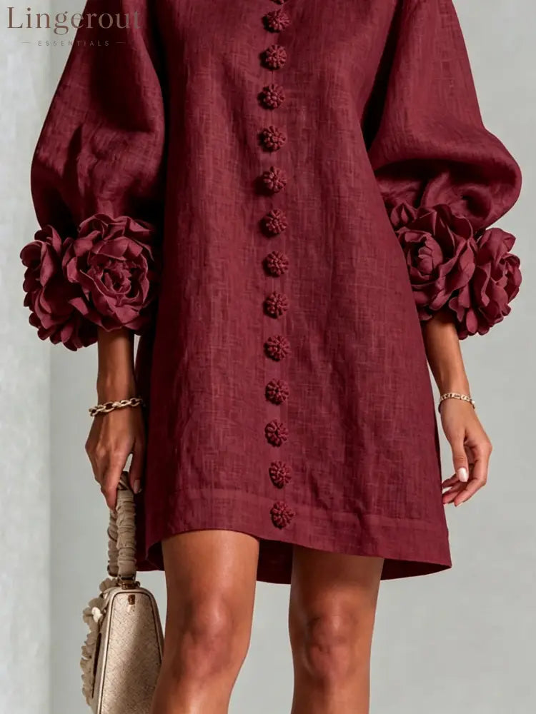 Burgundy Floral Button-down Mini Dress With Striking Floral Cuffs