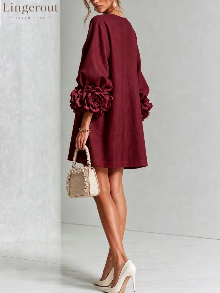Burgundy Floral Button-down Mini Dress With Striking Floral Cuffs