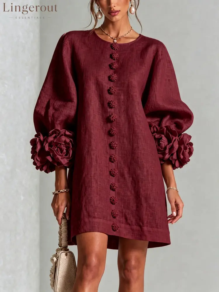 Burgundy Floral Button-down Mini Dress With Striking Floral Cuffs - Burgundy / S