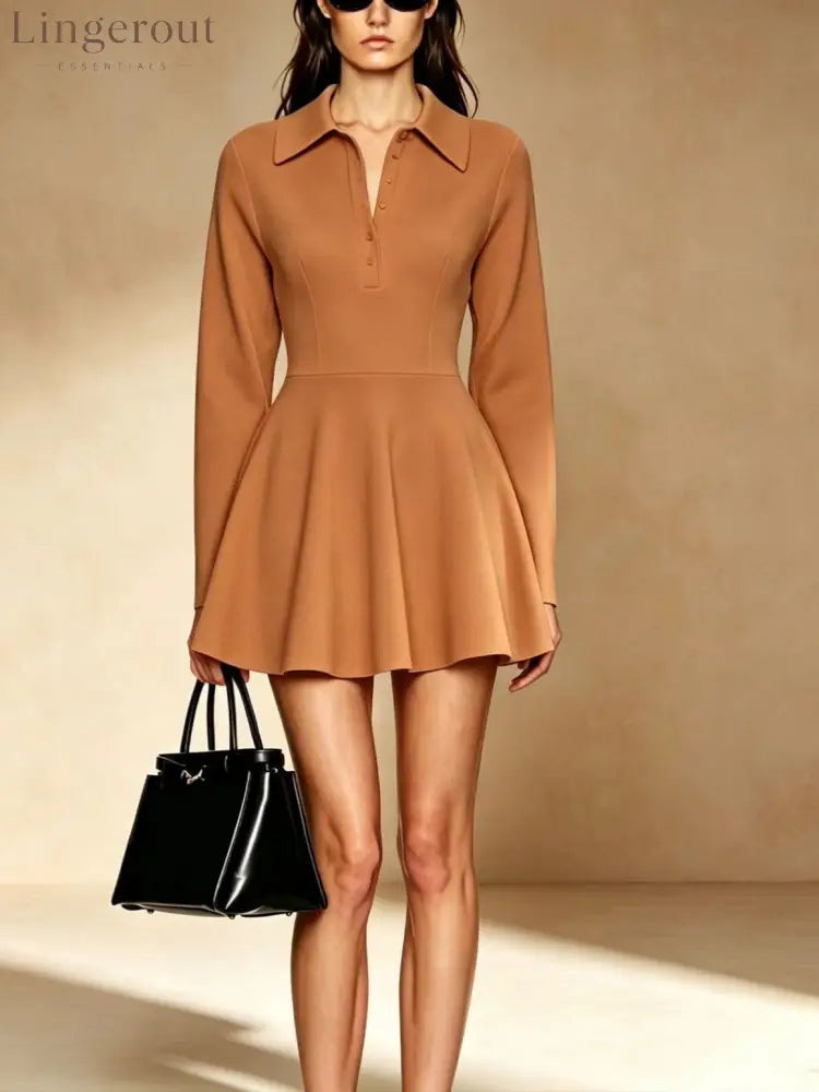 Burgundy Polo Collar Long Sleeve Fit & Flare Mini Dress - Bronze / S