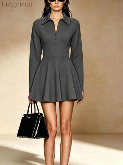 Burgundy Polo Collar Long Sleeve Fit & Flare Mini Dress - Dark gray / S