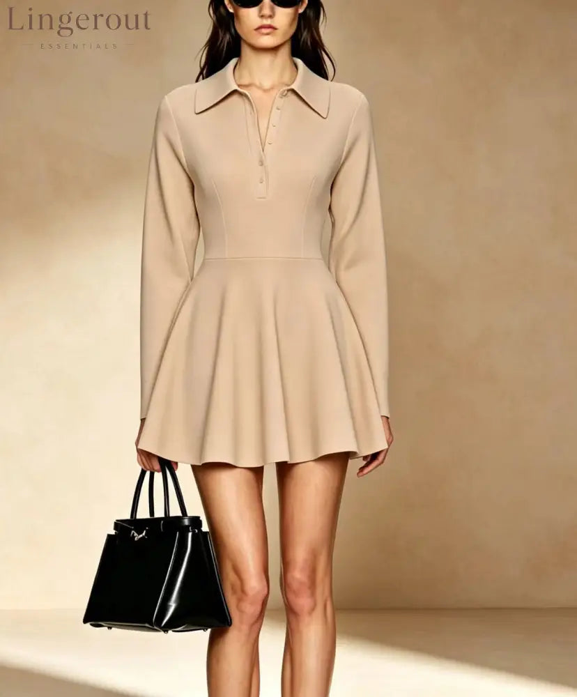 Burgundy Polo Collar Long Sleeve Fit & Flare Mini Dress - Khaki / S