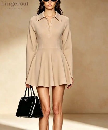 Burgundy Polo Collar Long Sleeve Fit & Flare Mini Dress - Khaki / S