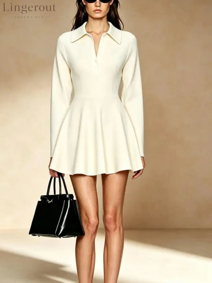 Burgundy Polo Collar Long Sleeve Fit & Flare Mini Dress - White / S