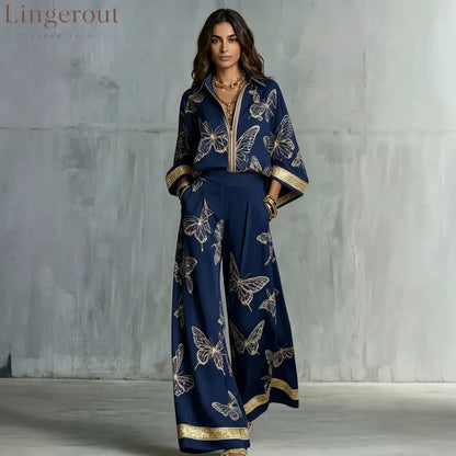 Butterfly Print Zip‑Front Blouse & Wide‑Leg Pant Two‑Piece Set