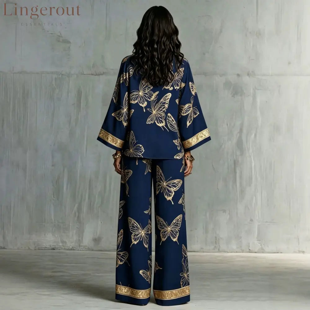 Butterfly Print Zip‑Front Blouse & Wide‑Leg Pant Two‑Piece Set