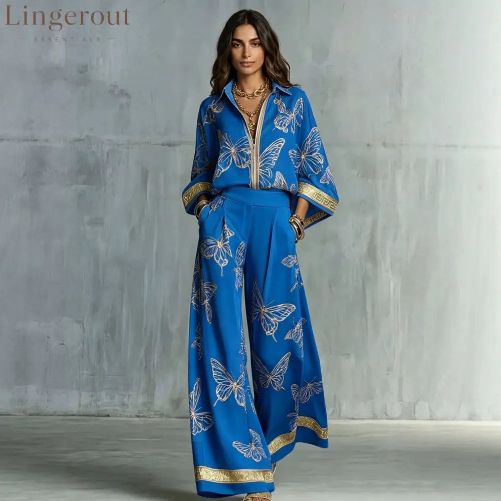 Butterfly Print Zip‑Front Blouse & Wide‑Leg Pant Two‑Piece Set