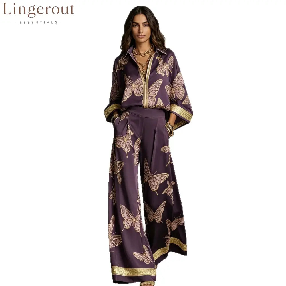 Butterfly Print Zip‑Front Blouse & Wide‑Leg Pant Two‑Piece Set