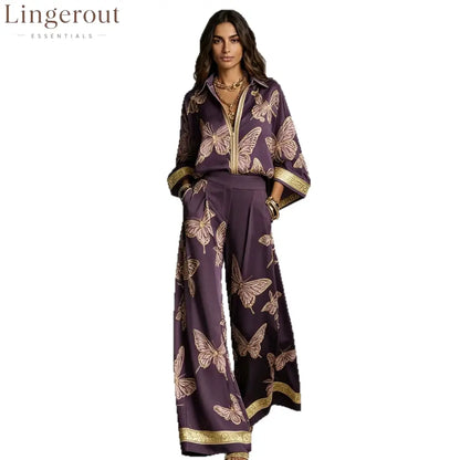 Butterfly Print Zip‑Front Blouse & Wide‑Leg Pant Two‑Piece Set