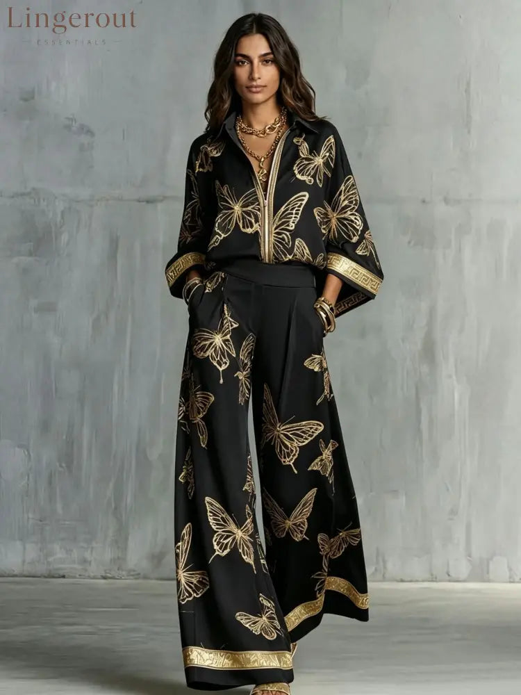 Butterfly Print Zip‑Front Blouse & Wide‑Leg Pant Two‑Piece Set - Black / S