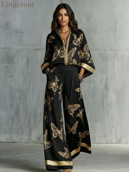 Butterfly Print Zip‑Front Blouse & Wide‑Leg Pant Two‑Piece Set - Black / S