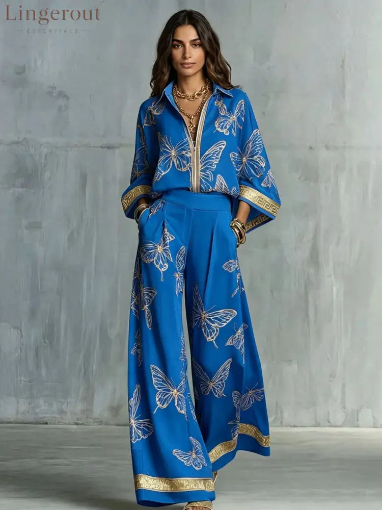 Butterfly Print Zip‑Front Blouse & Wide‑Leg Pant Two‑Piece Set - BLue / S